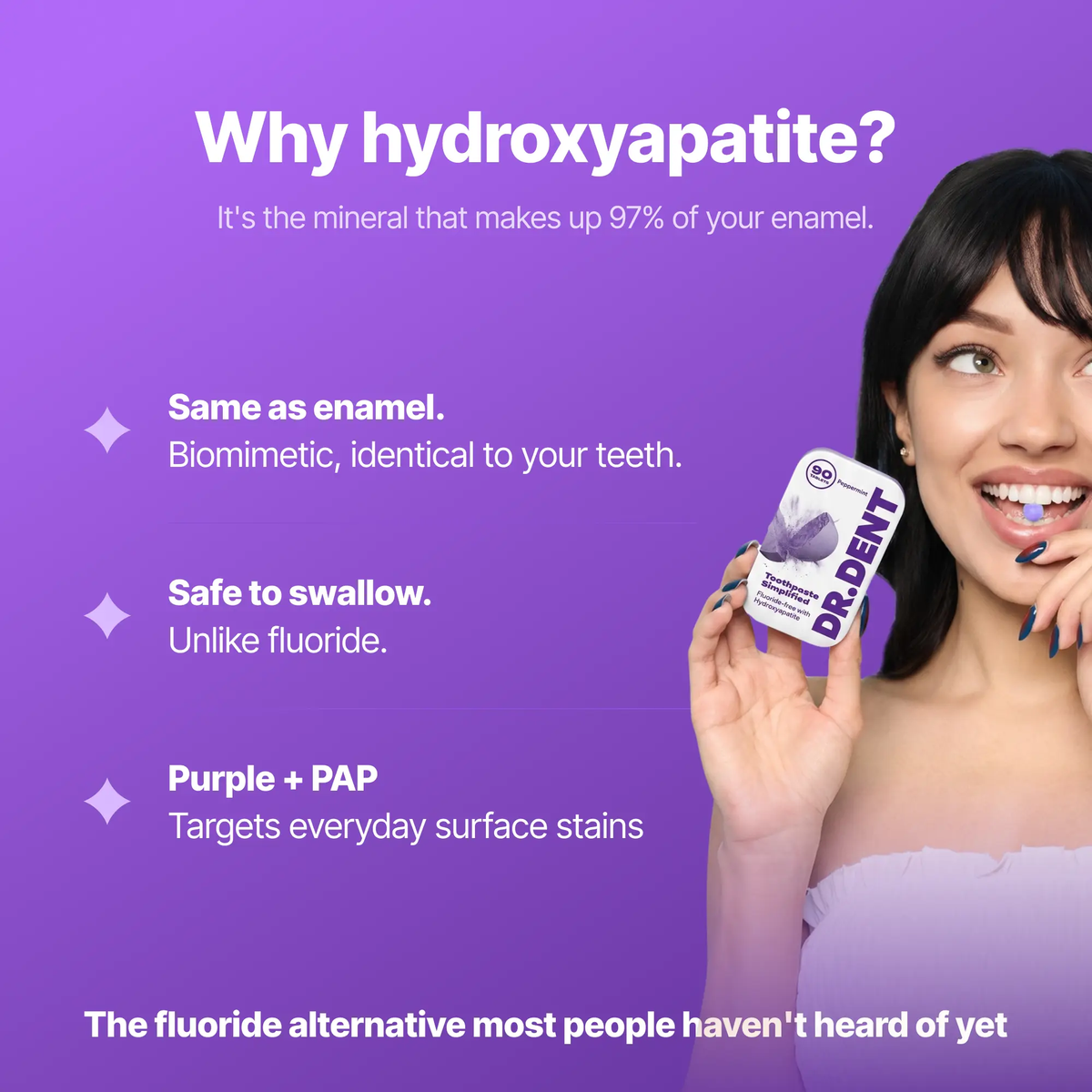 DR.DENT Purple Toothpaste Tablets with 10% Hydroxyapatite & PAP | Fluoride-Free, Sls-Free, Vegan | Purple Tone-Correcting Formula | 90 Chewable Tablets per Tin
