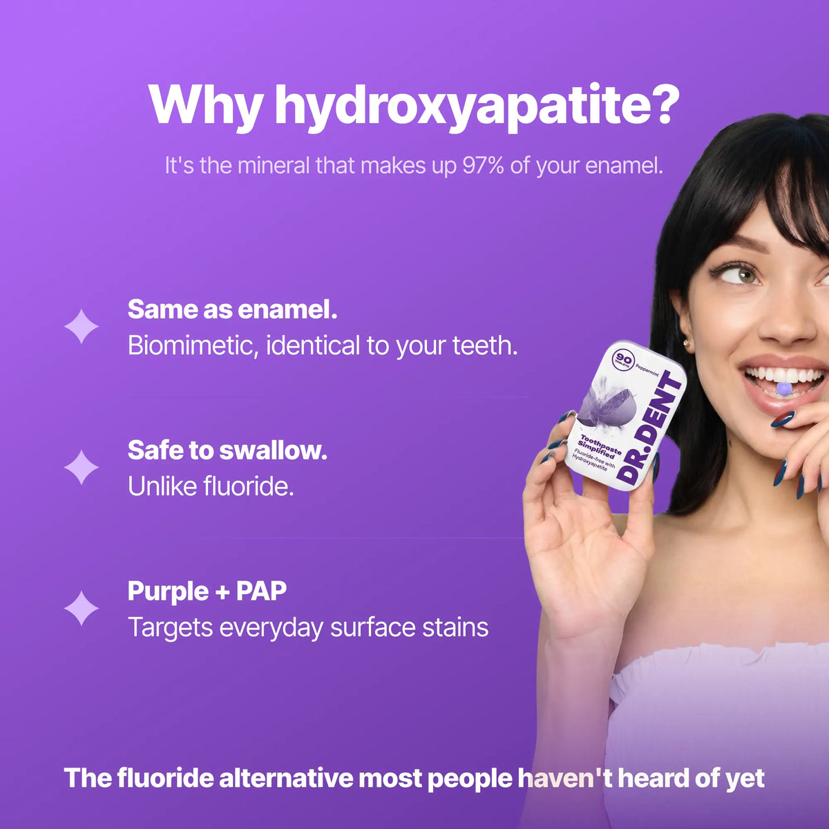 DR.DENT Purple Toothpaste Tablets with 10% Hydroxyapatite & PAP | Fluoride-Free, Sls-Free, Vegan | Purple Tone-Correcting Formula | 90 Chewable Tablets per Tin