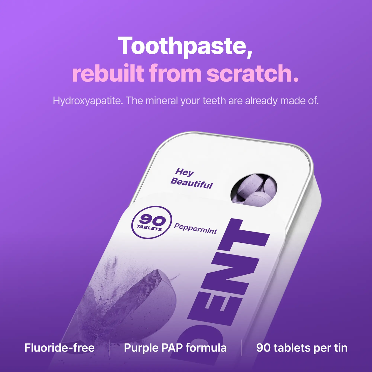 DR.DENT Purple Toothpaste Tablets with 10% Hydroxyapatite & PAP | Fluoride-Free, Sls-Free, Vegan | Purple Tone-Correcting Formula | 90 Chewable Tablets per Tin
