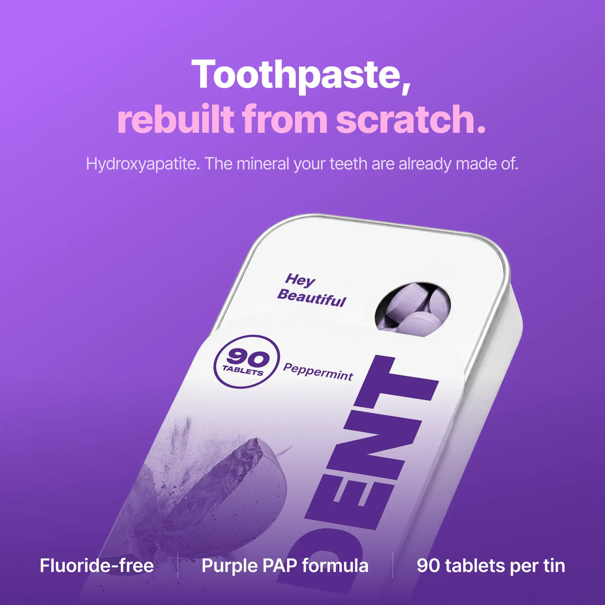 DR.DENT Purple Toothpaste Tablets with 10% Hydroxyapatite & PAP | Fluoride-Free, Sls-Free, Vegan | Purple Tone-Correcting Formula | 90 Chewable Tablets per Tin