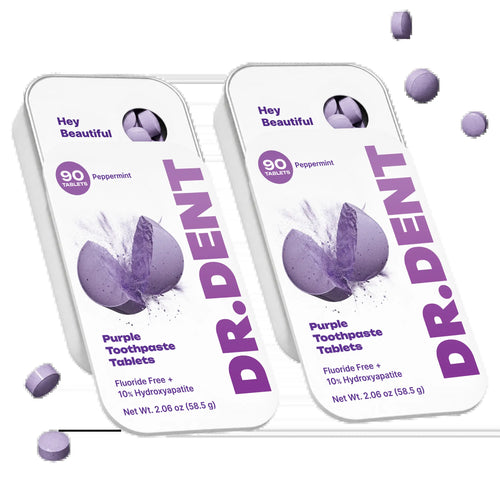 DR.DENT Purple Toothpaste Tablets with 10% Hydroxyapatite & PAP | Fluoride-Free, Sls-Free, Vegan | Purple Tone-Correcting Formula | 90 Chewable Tablets per Tin